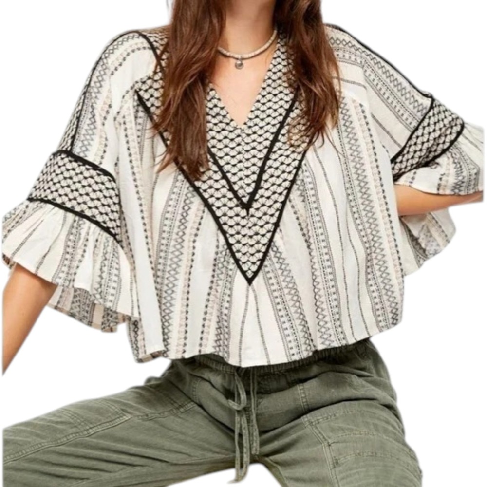 Free People Runnin On A Dream Boho Peasant Blouse M Cotton Bell Sleeve‎ Festival